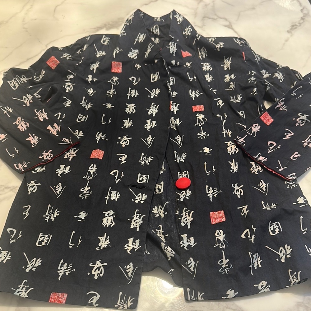 Black Kimono Jacket with White and Red Print - Picture 3 of 5